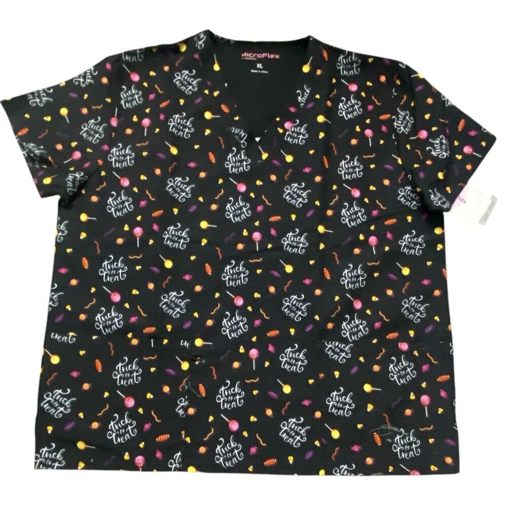 Microflex Unisex Halloween Trick or Treat Black Scrub Top Size 2XL- NEW